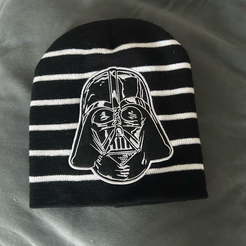 Black and White Striped Beanie with Darth Vader Design